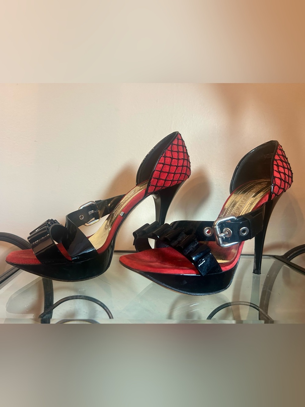Gianmarco Lorenzi Black Patent and Red Textured High Heels